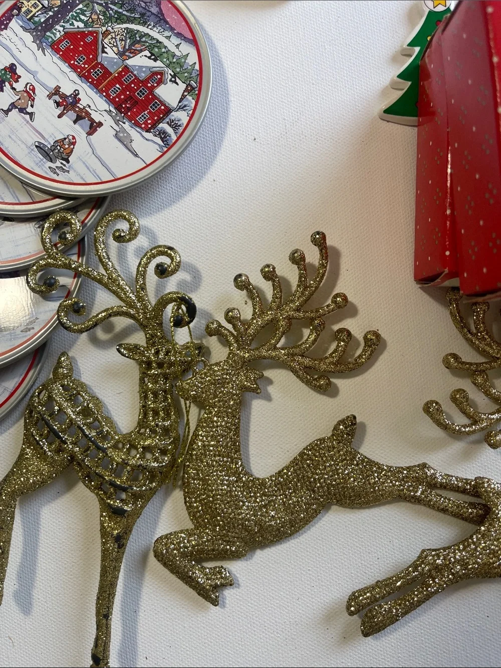 Vintage Christmas Decorations. Santa, Reindeer, candle, coasters stars
